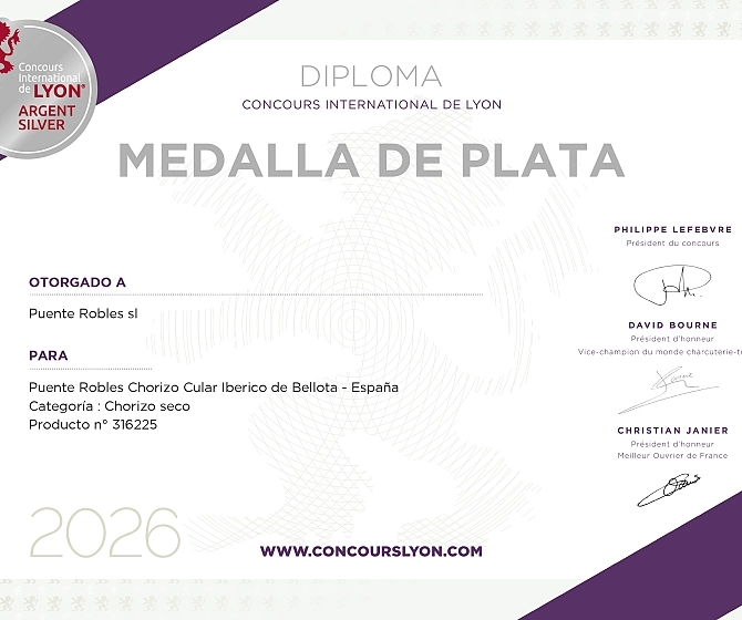 Diploma Chorizo Cular Ibérico. Medalla de Plata 2026 Diploma Chorizo Cular Ibérico. Medalla de Plata 2026