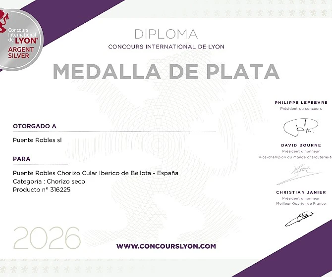Diploma Chorizo Cular Ibérico. Medalla de Plata 2026