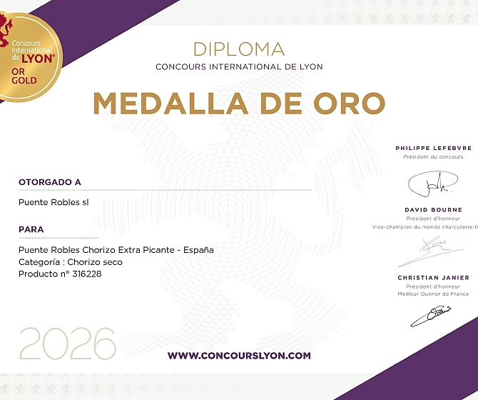 Diploma Mejor Chorizo Extra Picante del Mundo. Medalla de Oro 2026 Diploma Mejor Chorizo Extra Picante del Mundo. Medalla de Oro 2026