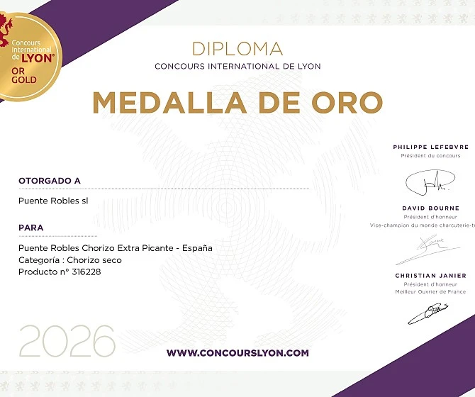 Diploma Mejor Chorizo Extra Picante del Mundo. Medalla de Oro 2026